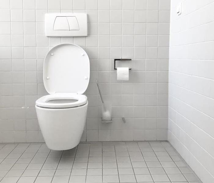 White tiled bathroom with small white toilet with lid open facing forward.
